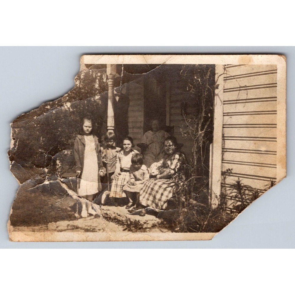 Family Group Portrait Women Children 1920s Snapshot Photograph Porch House